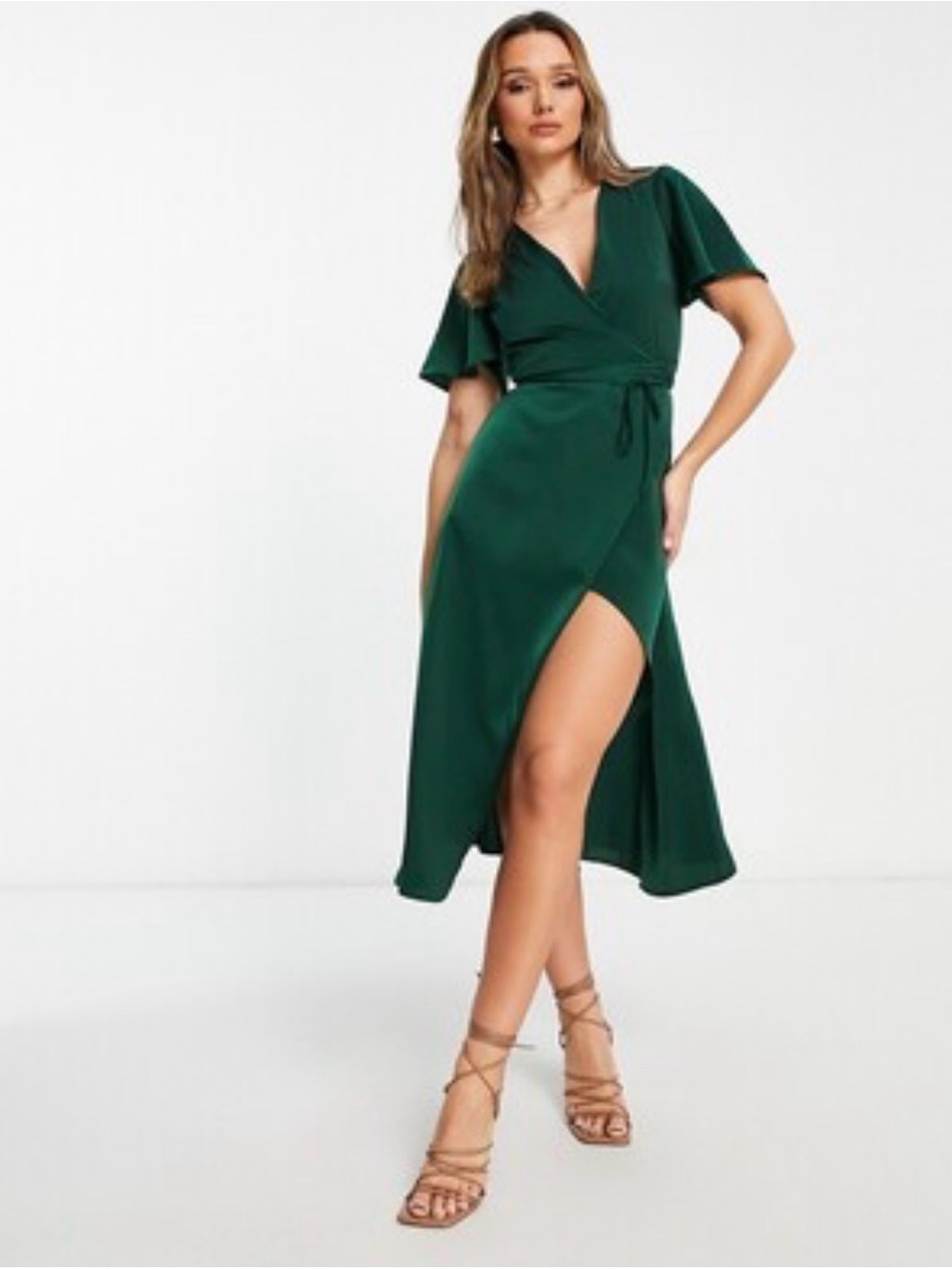 ASOS Dark Green Wrap Midi Dress with Flutter Sleeves
